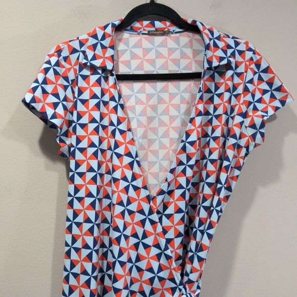 J. McLaughlin Womens Geometric Print SS Wrap Dress Size M Red/Blue Casual Preppy - Picture 2 of 12